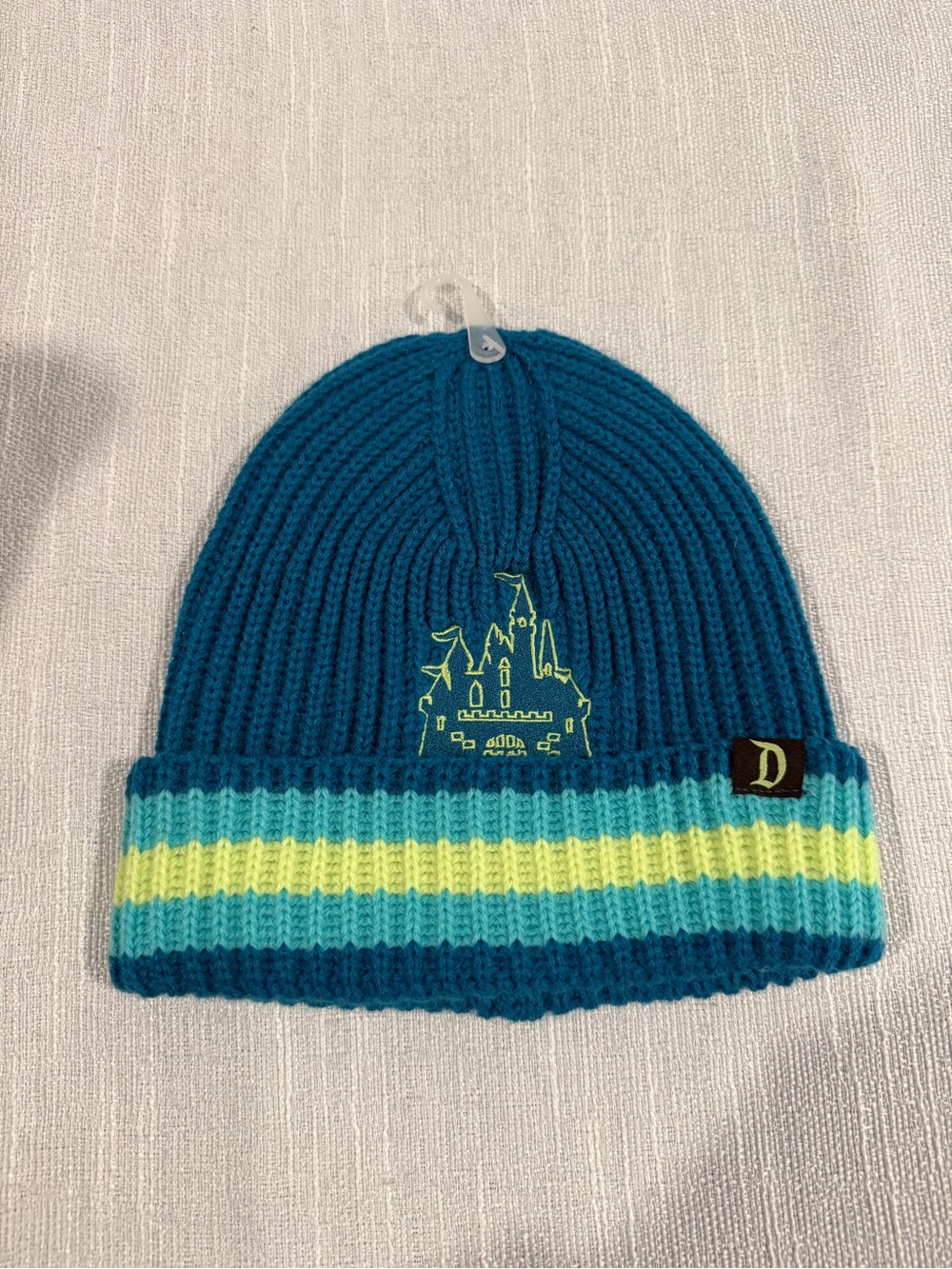 Disneyland Teal Castle Knit Beanie with Yellow and Light Blue Stripes